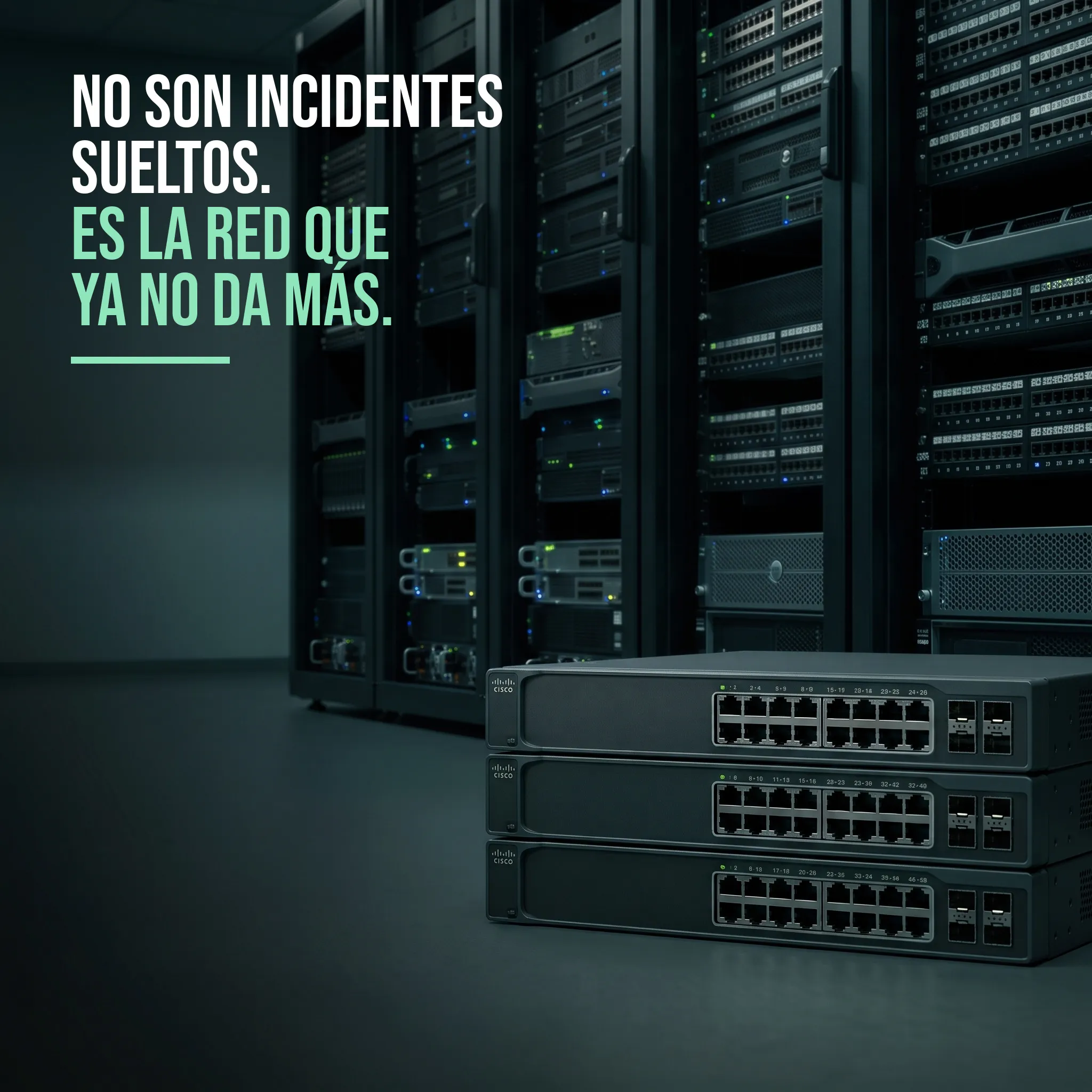 Switches Cisco apilados en primer plano, con racks de un datacenter de fondo